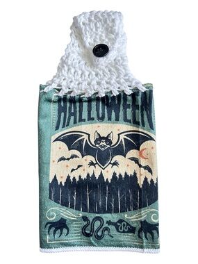 Hand Crafted Halloween Bat Black and Green Hanging Kitchen Hand Towel